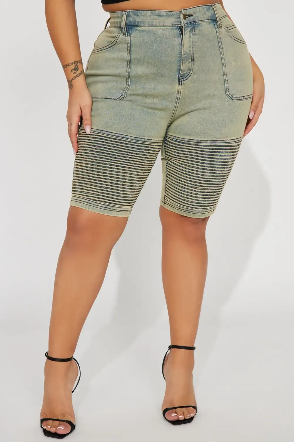 Heating Up Moto Stretch Denim Bermuda Shorts - Vintage Wash