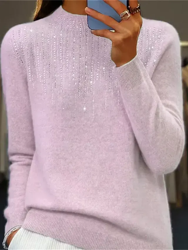 Women‘s Christmas Pullover Sweater Jumper Crew Neck Ribbed Knit Acrylic Sequins Fall Winter Regular Outdoor Daily Going out Xmas Stylish Casual Long Sleeve Solid Color Black White Light Green S M L