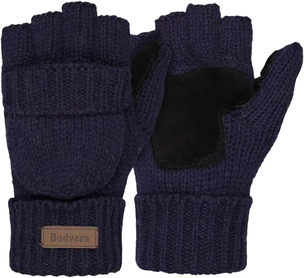 Bodvera Thermal Insulation Fingerless Texting Wool Gloves for Women and Men Winter Warm Knitted Convertible Mittens Flap