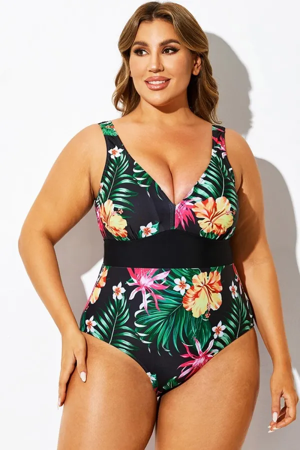 Floral Print V-Neck One Piece Swimsuit
