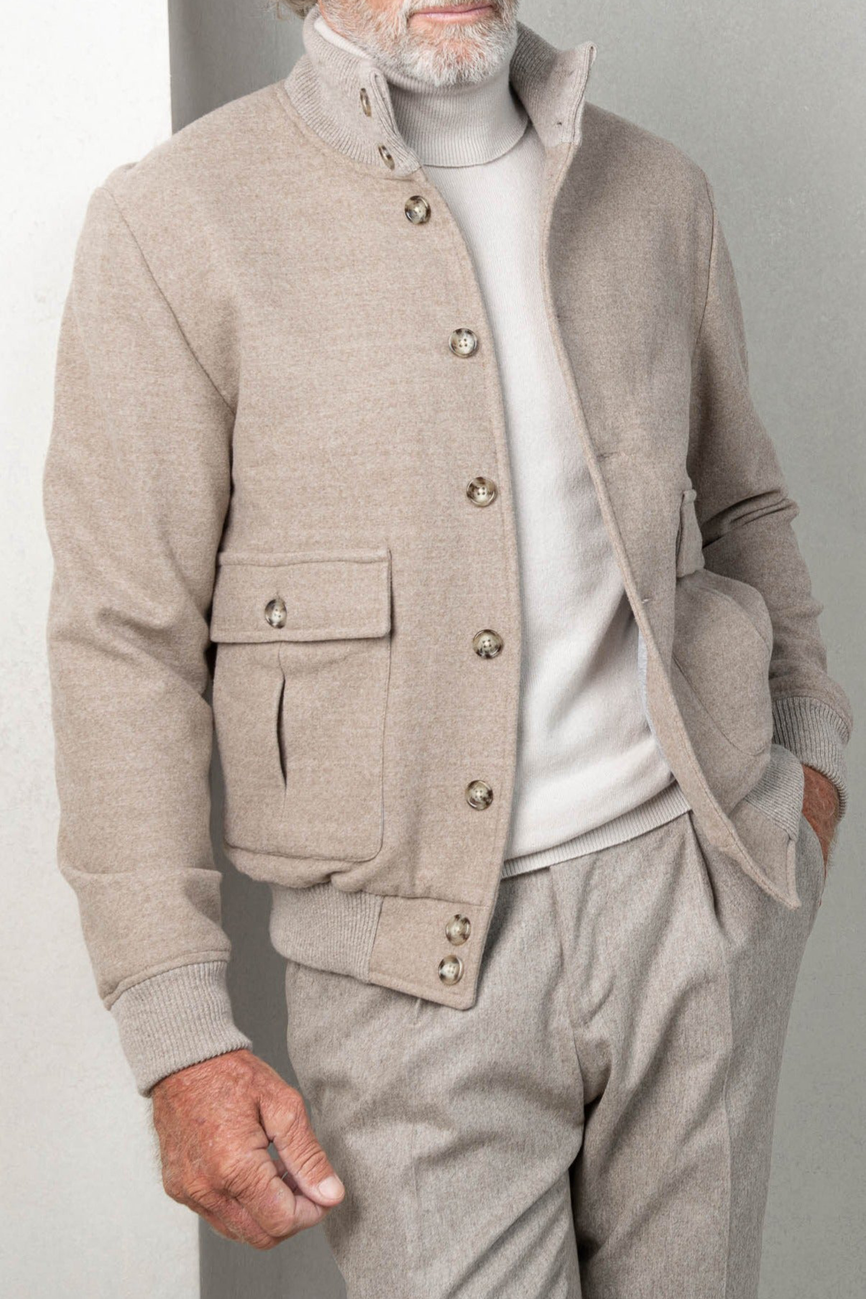 Beige Super 180'S Wool Flannel Bomber Jacket