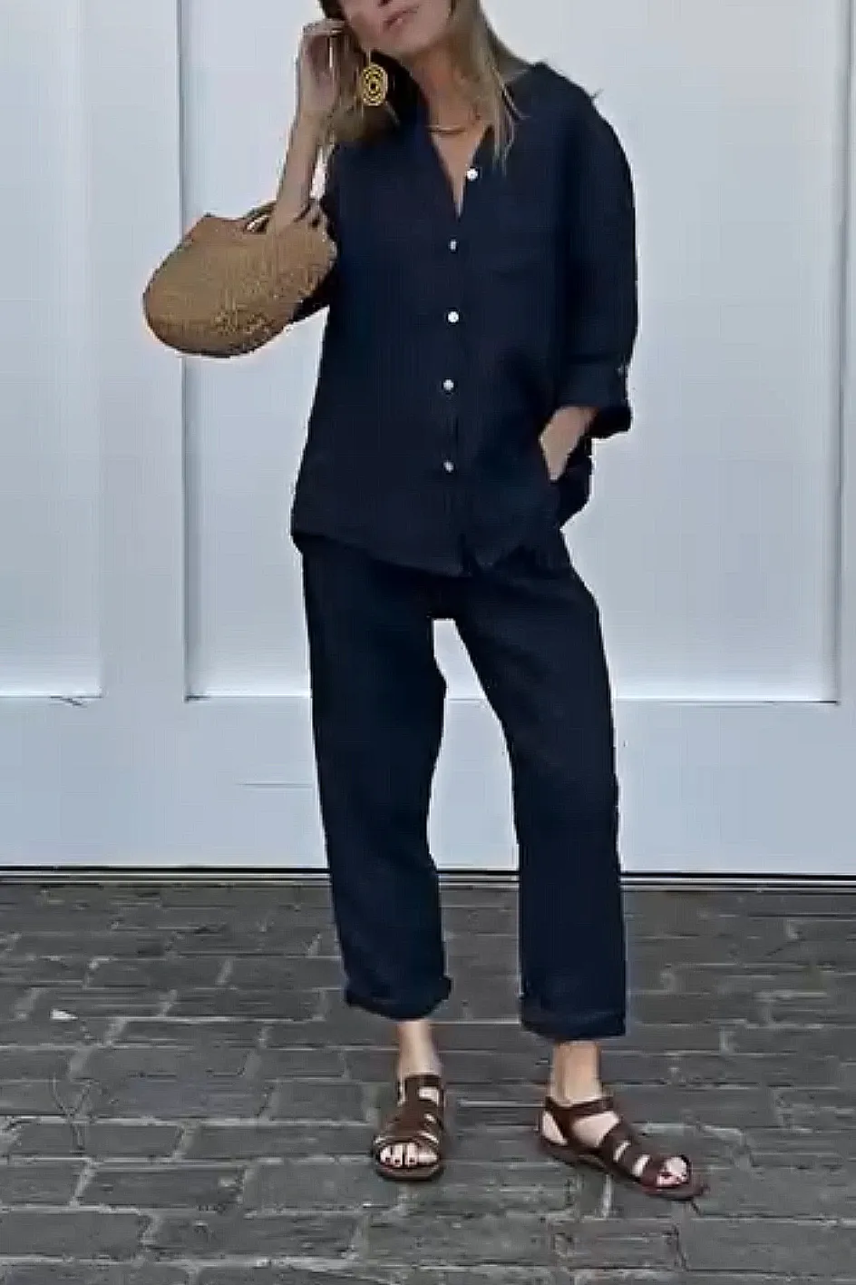 Women'S Casual Cotton And Linen Top And Pants Two-Piece Set