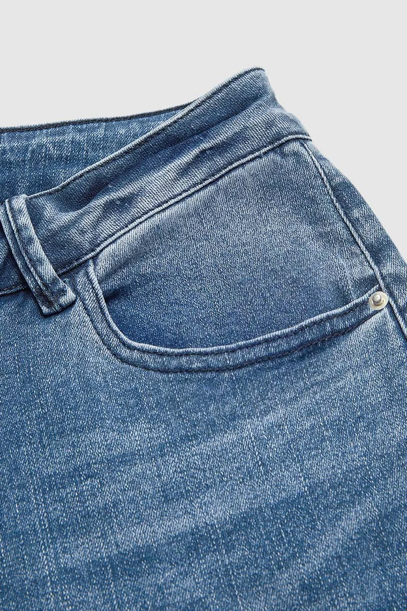 Button Side Raw Hem High Waist Skinny Jeans