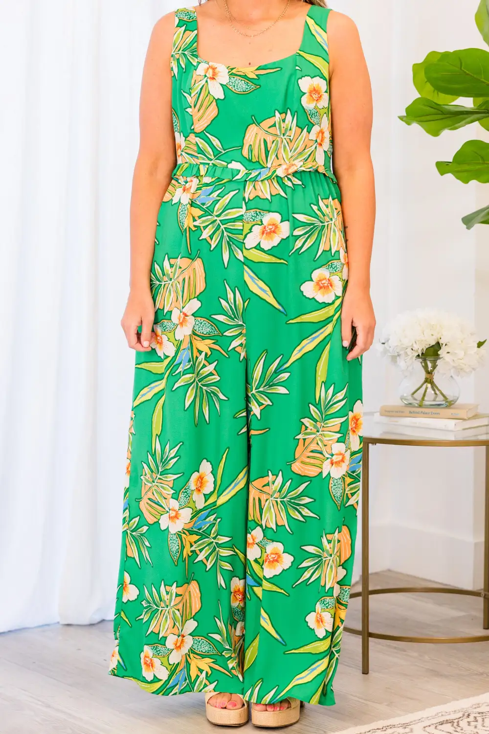 Hibiscus Night Jumpsuit, Green Multi