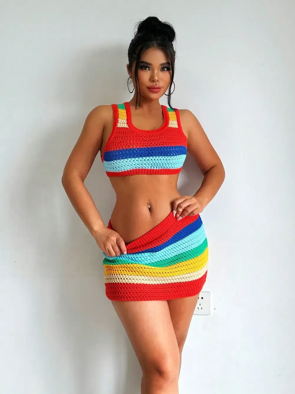 Women's Colorful Stripe Knitted Vest And Short Skirt Set