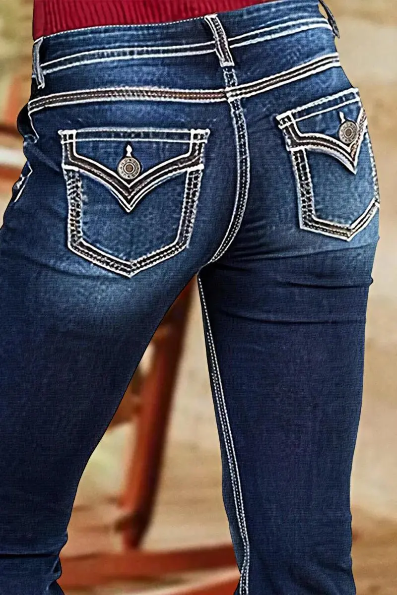 Wash Stitch Detail Double Breasted Mid Rise Bootcut Jeans