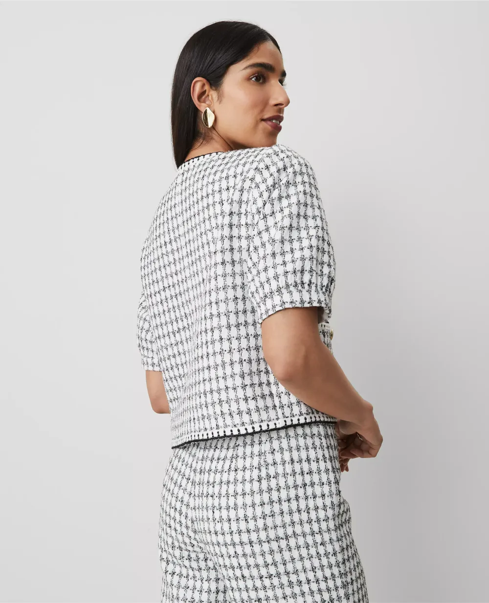 Gingham Tweed Puff Sleeve Jacket