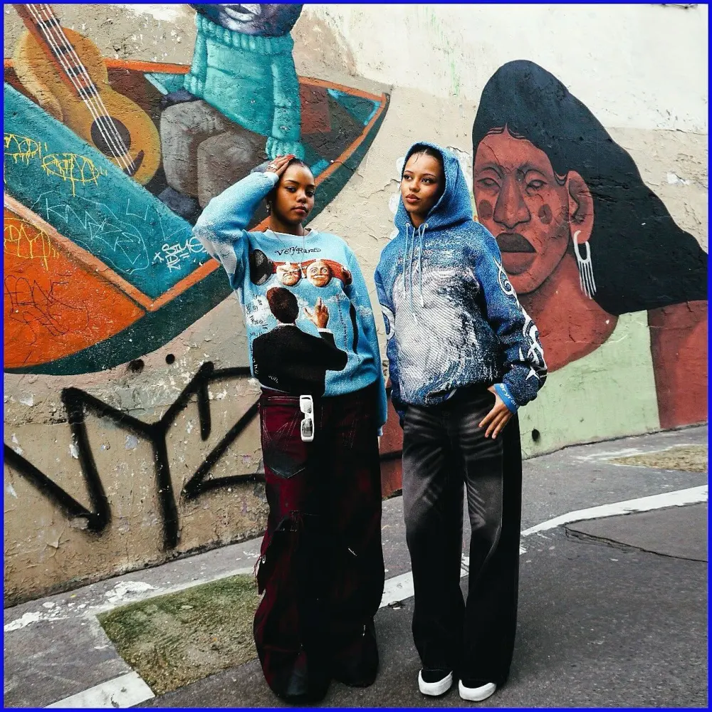Blue Sweater Renaissance Street Wear Fashion Printing Seasonal Trend Special Design