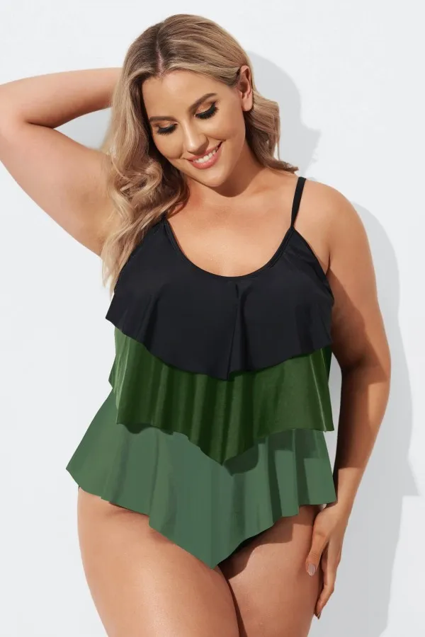 Colorblock Contrast Ruffle Layered Hem Tankini Top