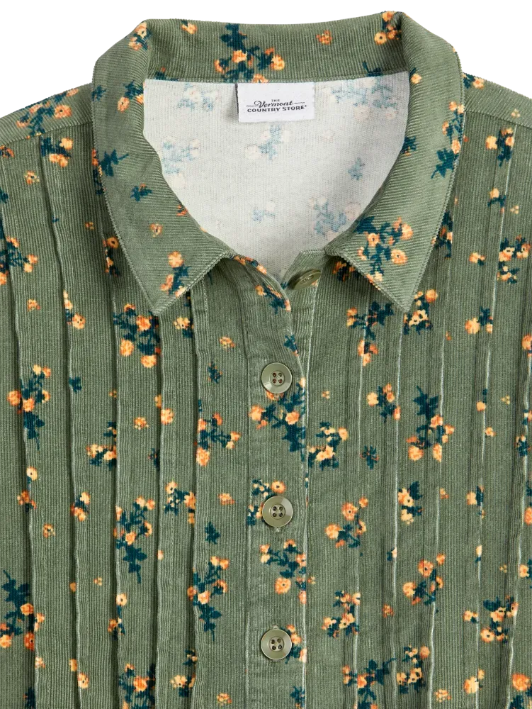 Women's Pintucked Floral Corduroy Tunic Top
