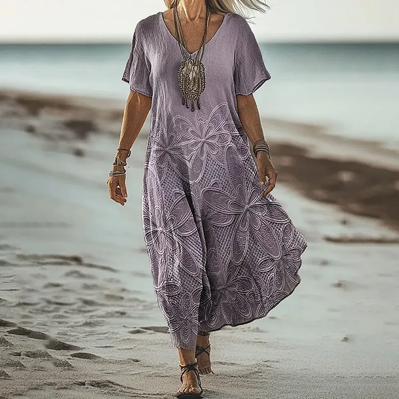 Vintage Floral Print V-neck Short Sleeved Linen Blend Midi Dress
