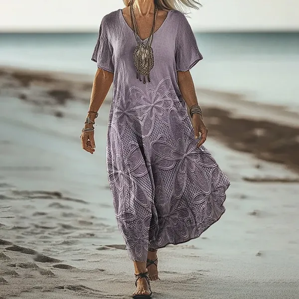 Vintage Floral Print V-neck Short Sleeved Linen Blend Midi Dress