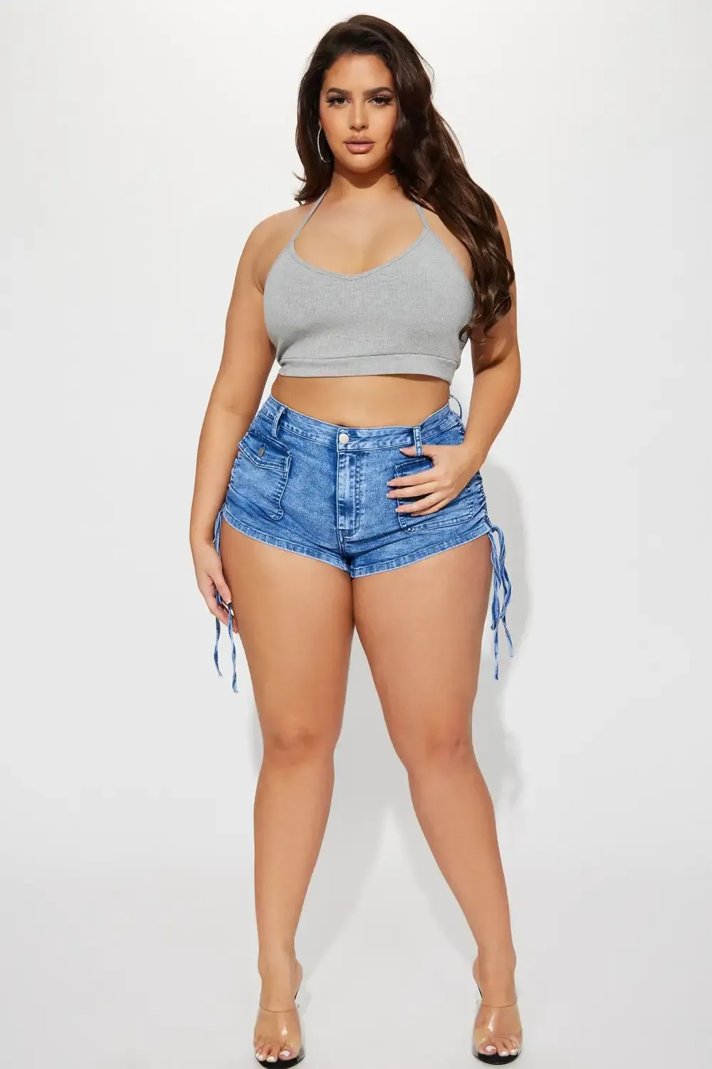What's Good Low Rise Stretch Cargo Denim Shorts - Acid Wash Blue