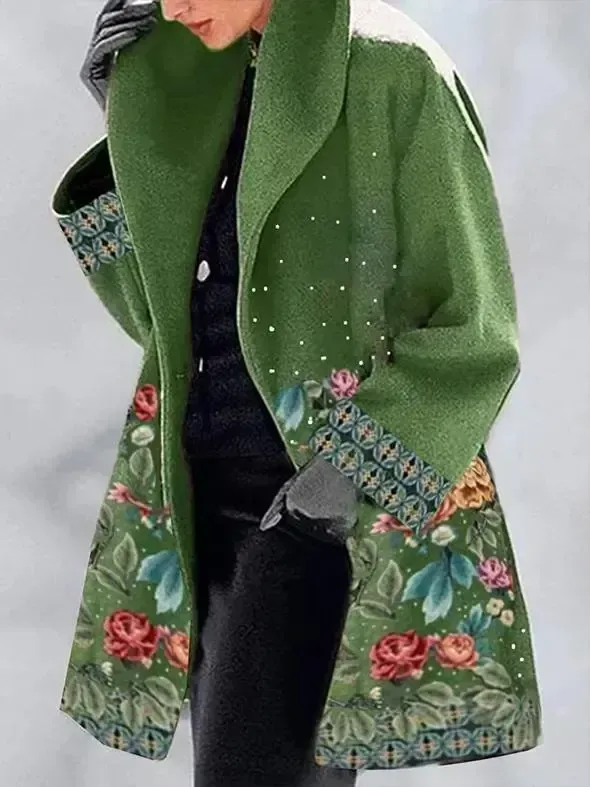 Round neck loose print hooded wool coat
