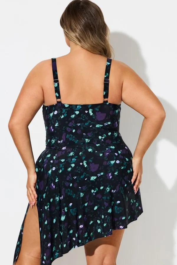 Knotted Front Straps Floral Print V-Neck Asymmetric Swimdress