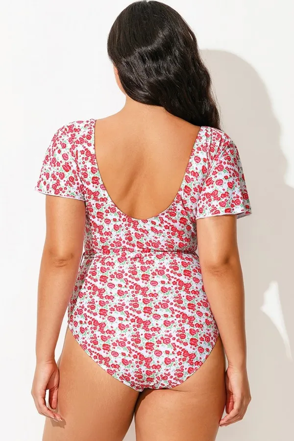 Floral Printed One Piece Swimsuit With Sleeves