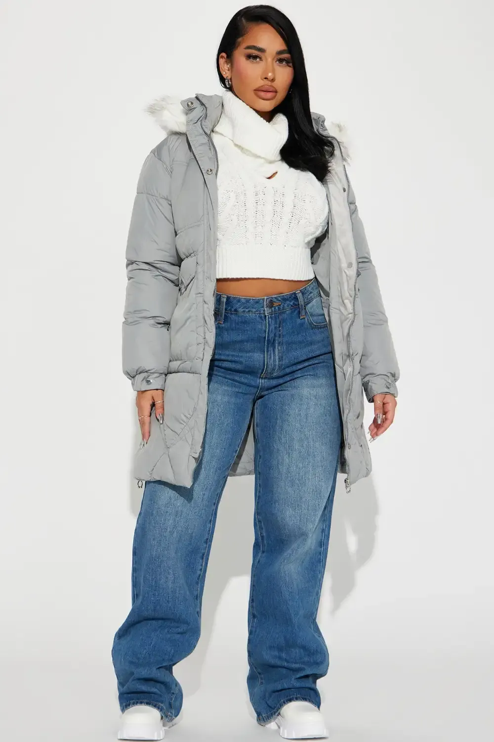 Elsa Long Puffer Jacket - Grey