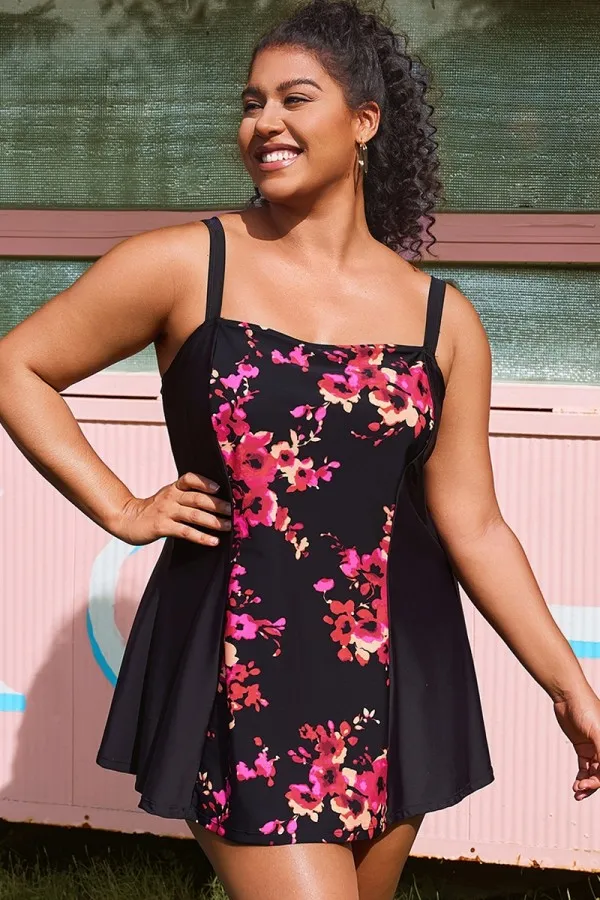 Floral Print Adjustable Wide Strap Swimdress