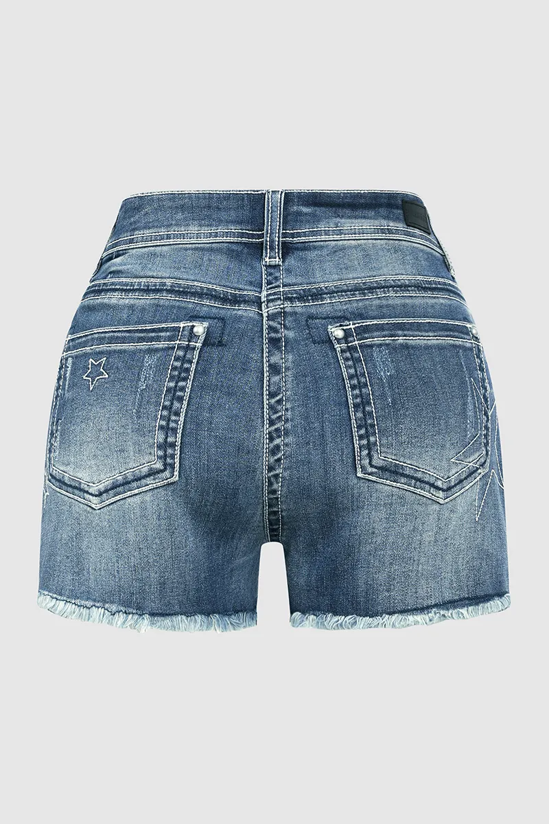 Star Pattern Ripped Raw Hem Mid Rise Denim Shorts