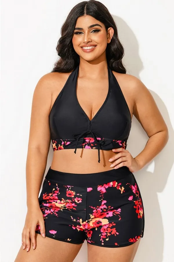 Floral Printed V-Neck Halter Sexy Bikini Top