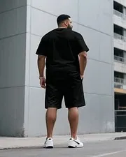 Big Tall Men Black Chest Brand Sports Small Label Printed Round Neck Short Sleeve T-Shirt Shorts Suit