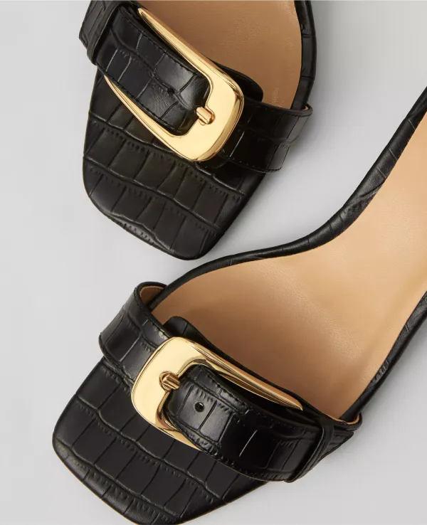 Chunky Buckle Embossed Kitten Heel Sandals