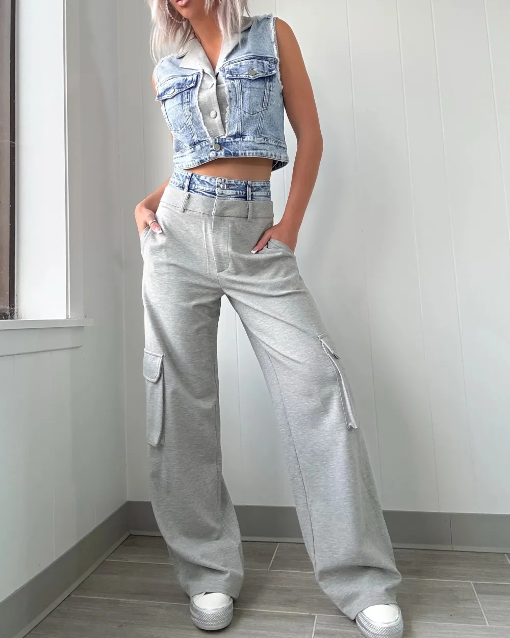 Mixed Denim Vest & Pants Set - Blue/Grey