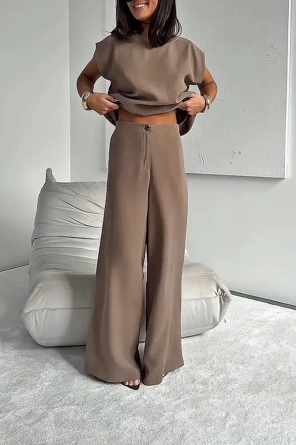 Women'S Stylish Casual Comfortable Short-Sleeved Top And Suit Pants Two-Piece Set