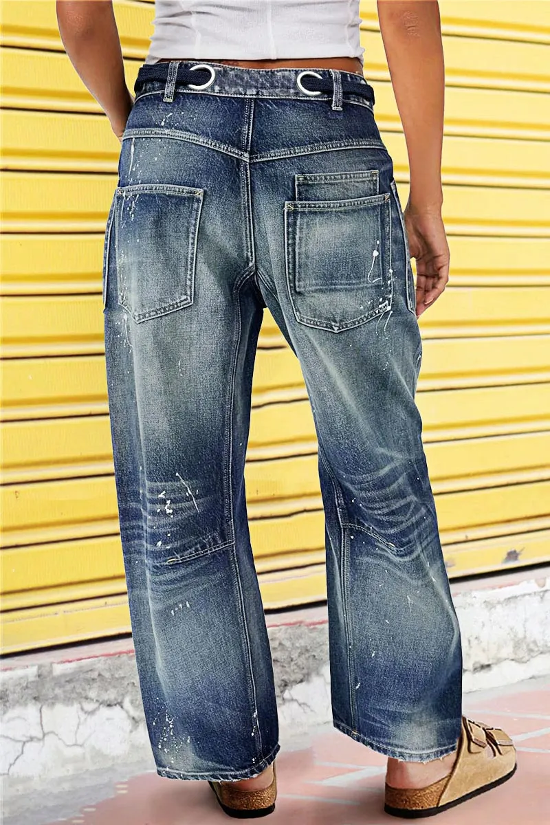 Drawstring Grommet Eyelet Mid Waist Barrel Jeans
