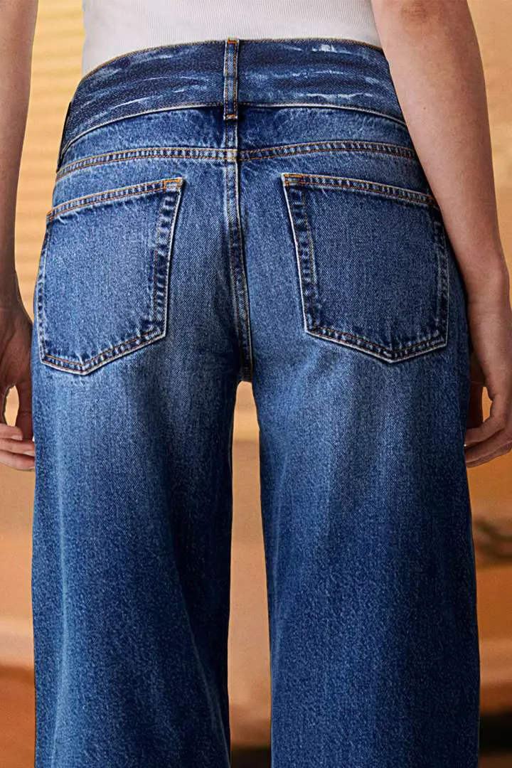 Double Button Wash Mid Waist Straight Leg Jeans
