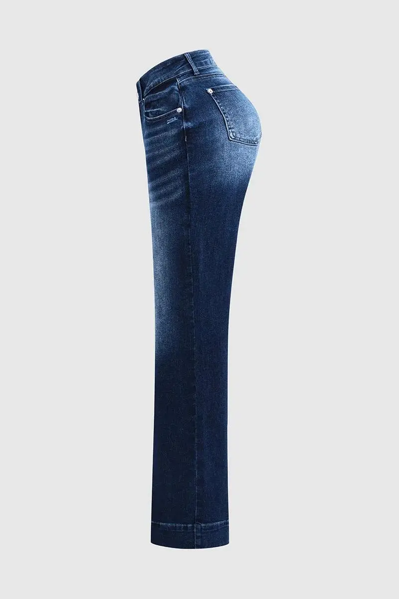 Pocket Detail Mid Rise Straight Leg Jeans Without Belt
