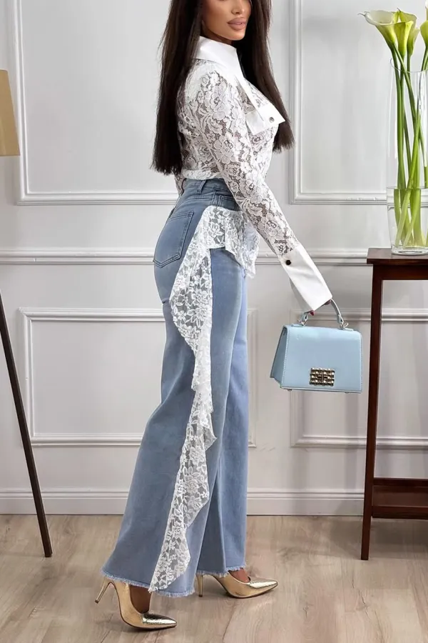 Women'S Lace Patchwork Long Top And Pants Two-Piece Set
