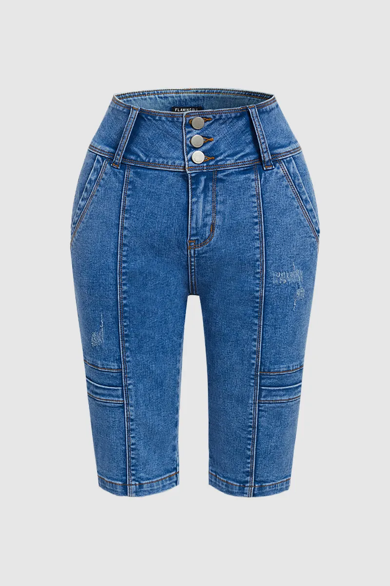Wash Seam Front Button Fly High Rise Denim Bermuda Shorts