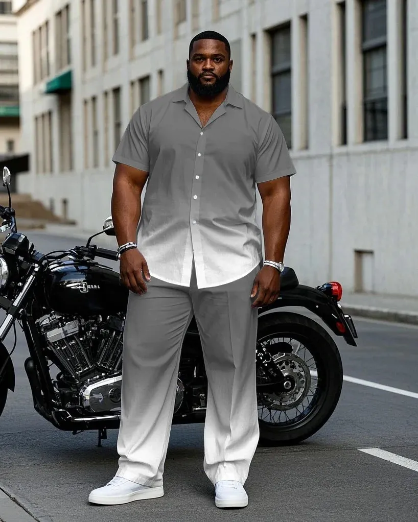 Men'S Plus Size Business Gray Gradient Short Sleeve Shirt Trousers Suit