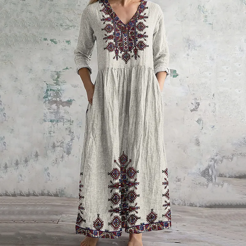 Vintage Cretan Pattern V-neck Linen Blend Midi Dress