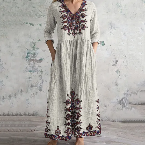 Vintage Cretan Pattern V-neck Linen Blend Midi Dress