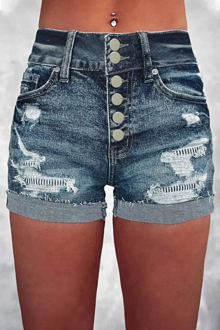 Stripe Ripped Roll Hem Button Fly Denim Shorts
