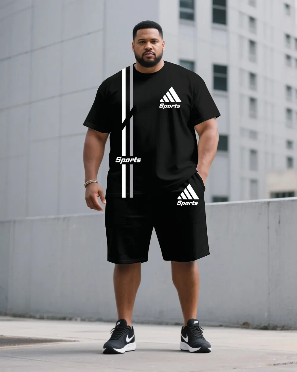 Big Tall Men Black Chest Brand Sports Small Label Printed Round Neck Short Sleeve T-Shirt Shorts Suit