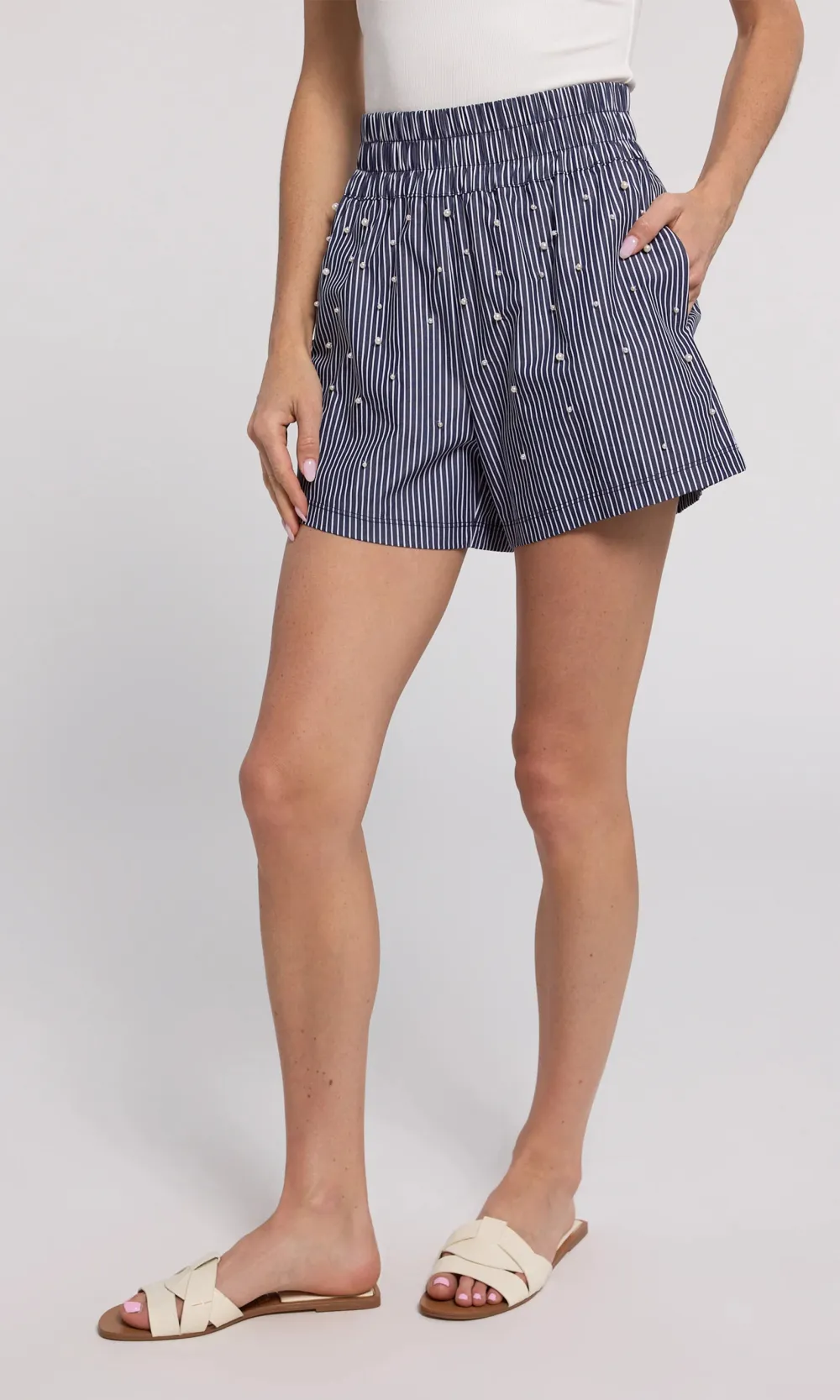 Betty Pearl Embellished Pinstripe Shorts