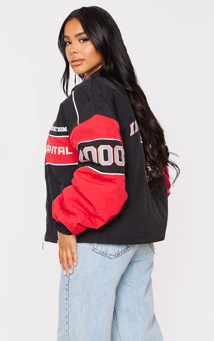 Petite Black Oversized Graphic Zipped Racer Bomber Jacket