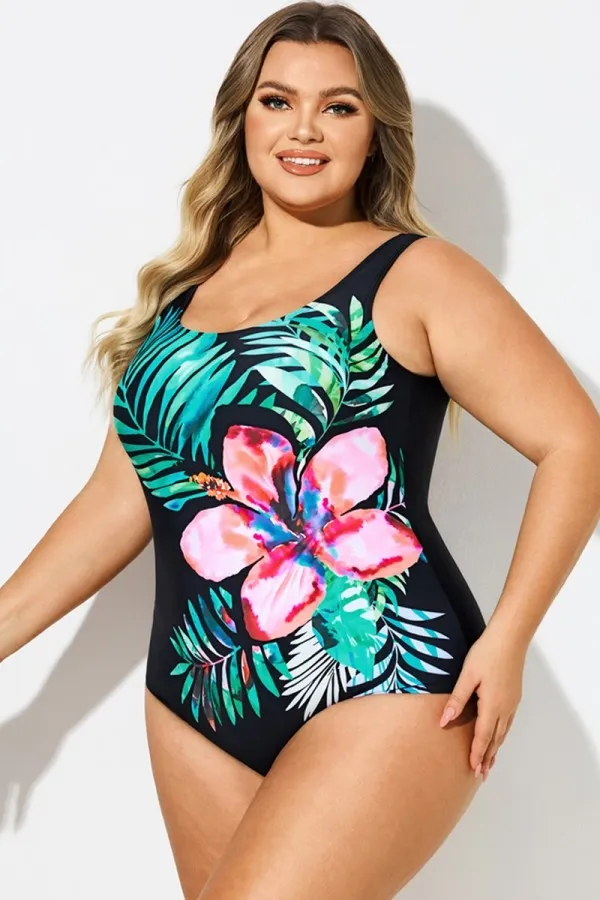 Plus Size Floral Print Sport One Piece Swimsuit