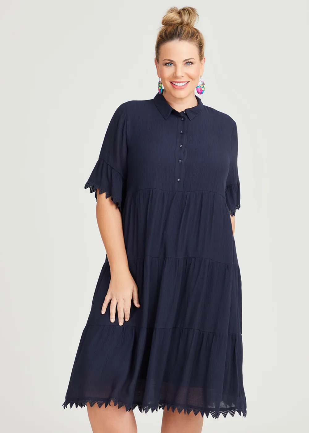 Natural Tiered Lace Trim Dress
