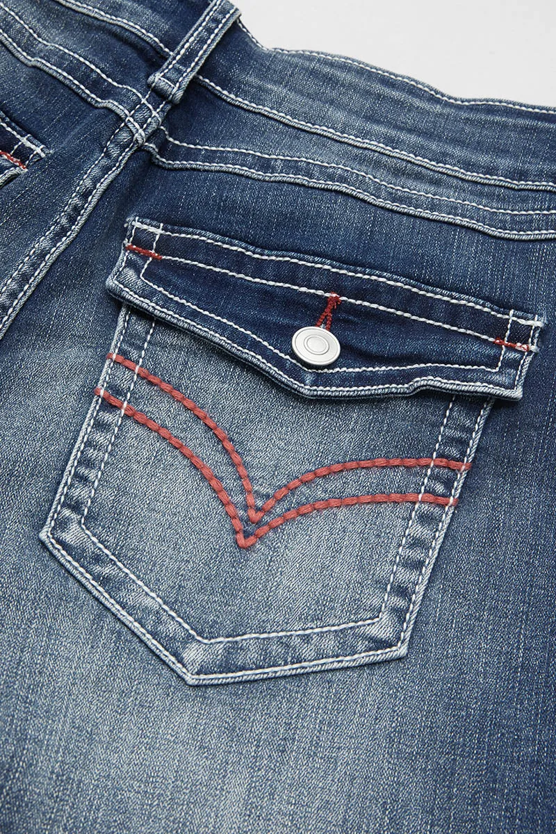 Stitch Pocket Raw Hem Mid Waist Denim Shorts