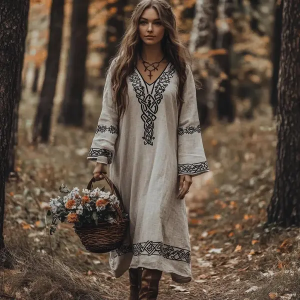 Vintage Viking Celtic Cotton Linen Maxi Dress