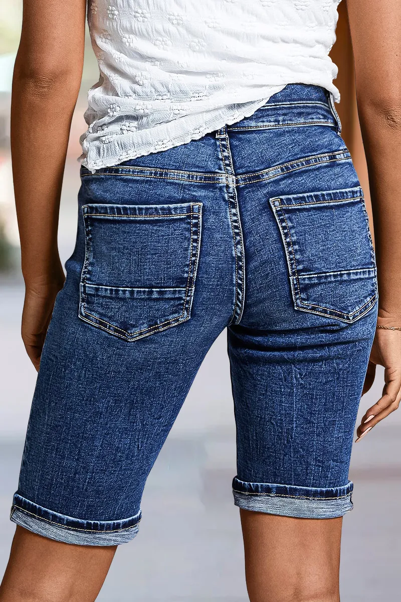 Wash Roll Hem Double Button Mid Rise Denim Bermuda Shorts