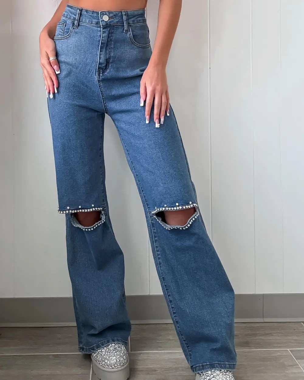 Wide Leg Cutout Jeans - Denim