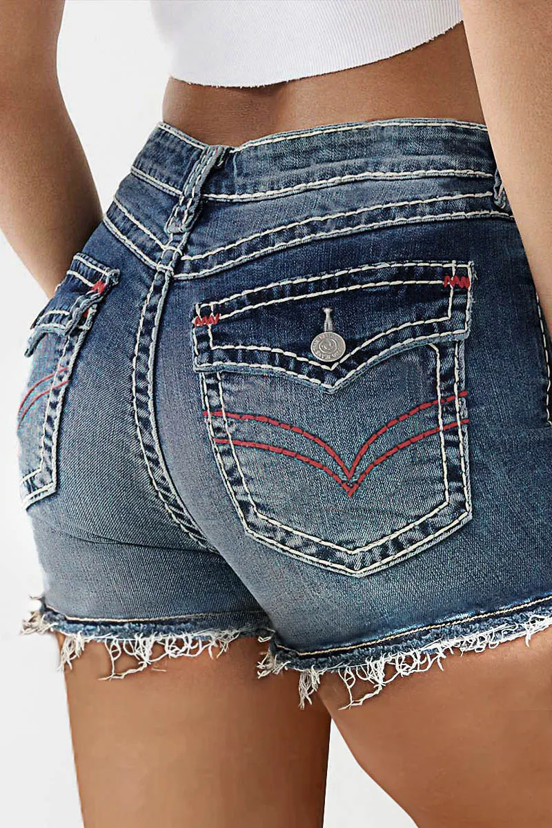 Stitch Pocket Raw Hem Mid Waist Denim Shorts