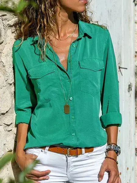 Plain Buttoned Pockets Casual Long Sleeve Shirt
