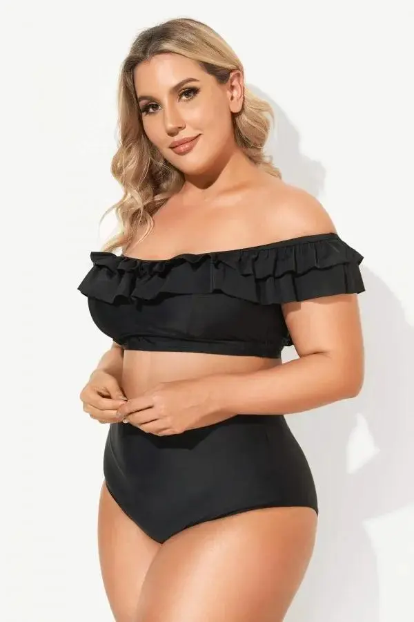 Plain Black Off-the-Shoulder Bikini Set with Ruffle