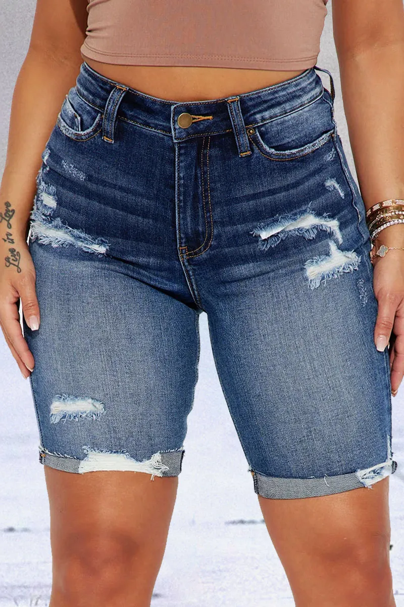 Ripped Raw Hem High Rise Denim Bermuda Shorts